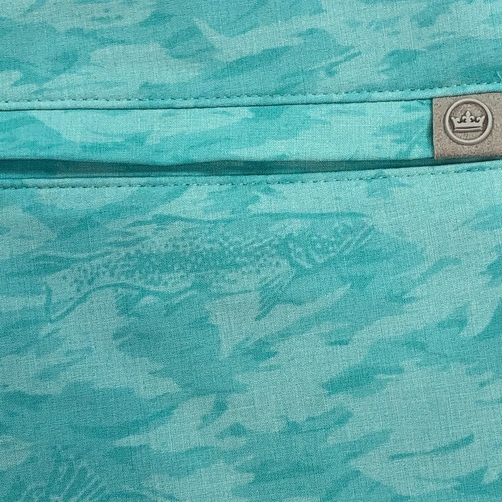 Peter Millar Mens Golf Shorts 36x10 Teal Green-Blue Fish Shark Camo Performance
